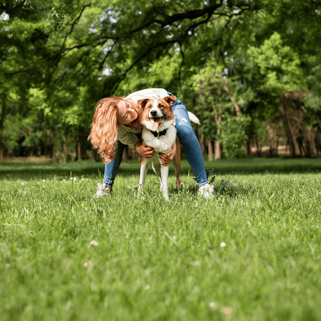 Tutora abrazando a su perro feliz y con pelaje sano al aire libre en Costa Rica